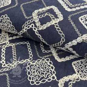 Pamutvászon JEANS EMBROIDERY Square dark blue
