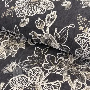 Pamutvászon JEANS EMBROIDERY Bouquet black