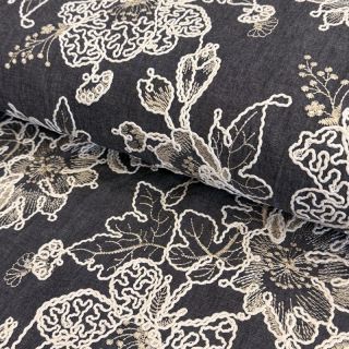 Pamutvászon JEANS EMBROIDERY Bouquet black