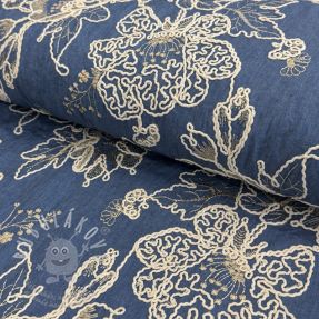 Pamutvászon JEANS EMBROIDERY Bouquet blue