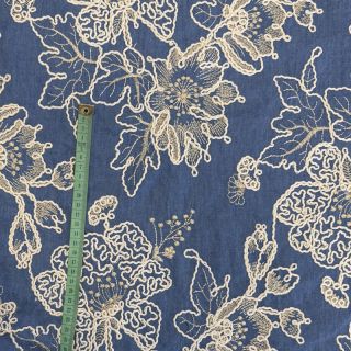 Pamutvászon JEANS EMBROIDERY Bouquet blue