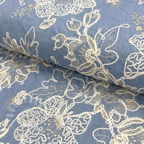 Pamutvászon JEANS EMBROIDERY Bouquet light blue