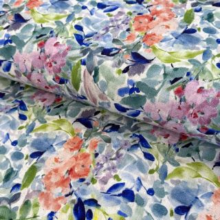 Viszkóz lenvászonnal CREPE Flowers blue digital print