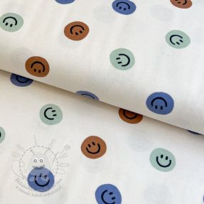 Pamutvászon FLANNEL Happy faces off white green