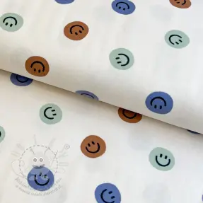 Pamutvászon FLANNEL Happy faces off white green