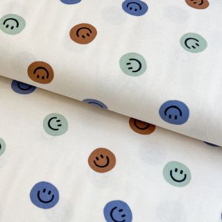Pamutvászon FLANNEL Happy faces off white green