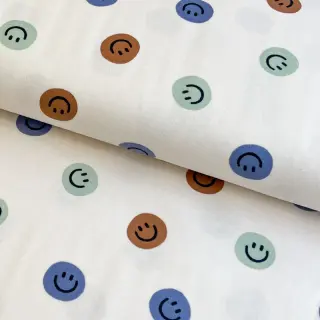 Pamutvászon FLANNEL Happy faces off white green