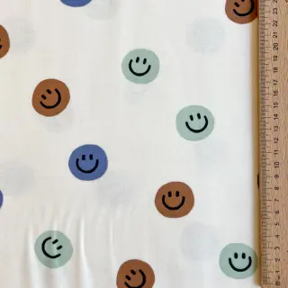 Pamutvászon FLANNEL Happy faces off white green