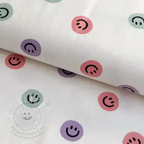 Pamutvászon FLANNEL Happy faces off white lilac