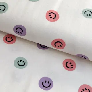Pamutvászon FLANNEL Happy faces off white lilac