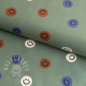 Pamutvászon FLANNEL Happy faces army green
