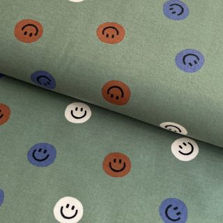 Pamutvászon FLANNEL Happy faces army green