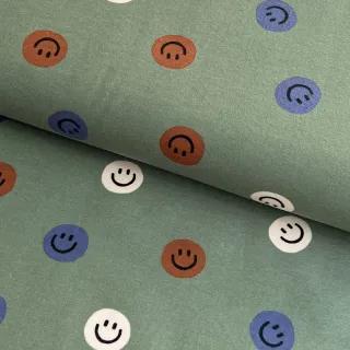 Pamutvászon FLANNEL Happy faces army green