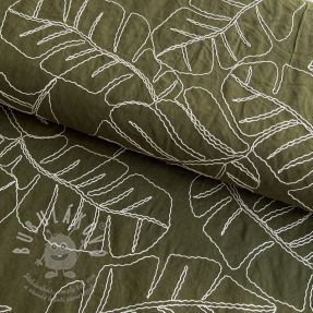 Viszkóz lenvászonnal EMBROIDERY Leaves forest green