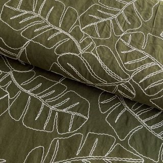 Viszkóz lenvászonnal EMBROIDERY Leaves forest green