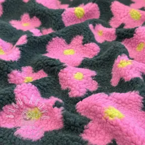 Kabát anyag TEDDY JACQUARD Flowers army green/pink