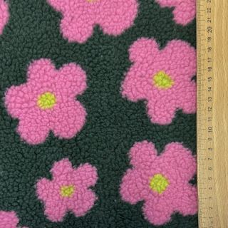 Kabát anyag TEDDY JACQUARD Flowers army green/pink