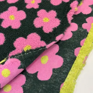 Kabát anyag TEDDY JACQUARD Flowers army green/pink