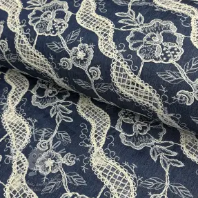 Pamutvászon JEANS EMBROIDERY Flora design A
